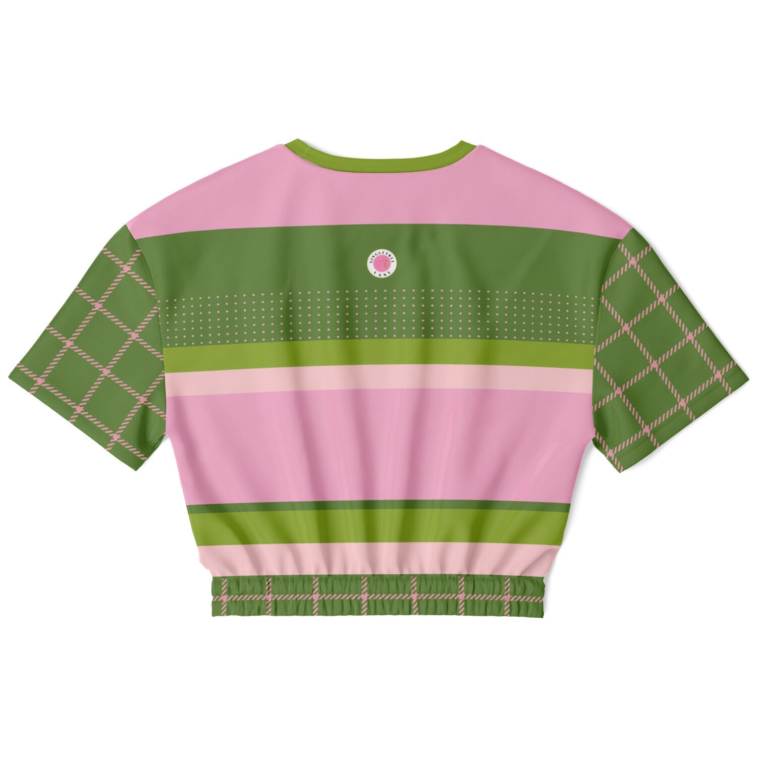 Hopscotch in Green and Pink Windowpane Eco-Poly Short Sleeve Cropped Pullover
