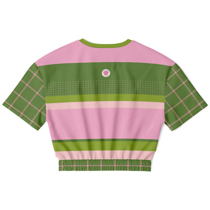 Hopscotch in Green and Pink Windowpane Eco-Poly Short Sleeve Cropped Pullover