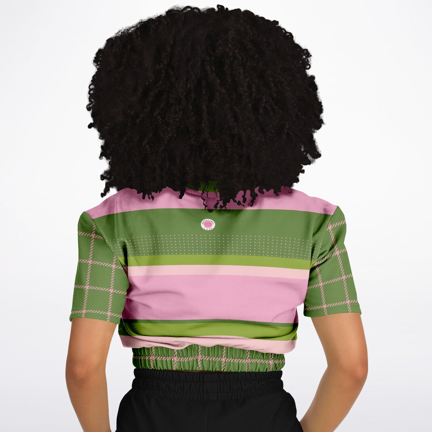 Hopscotch in Green and Pink Windowpane Eco-Poly Short Sleeve Cropped Pullover