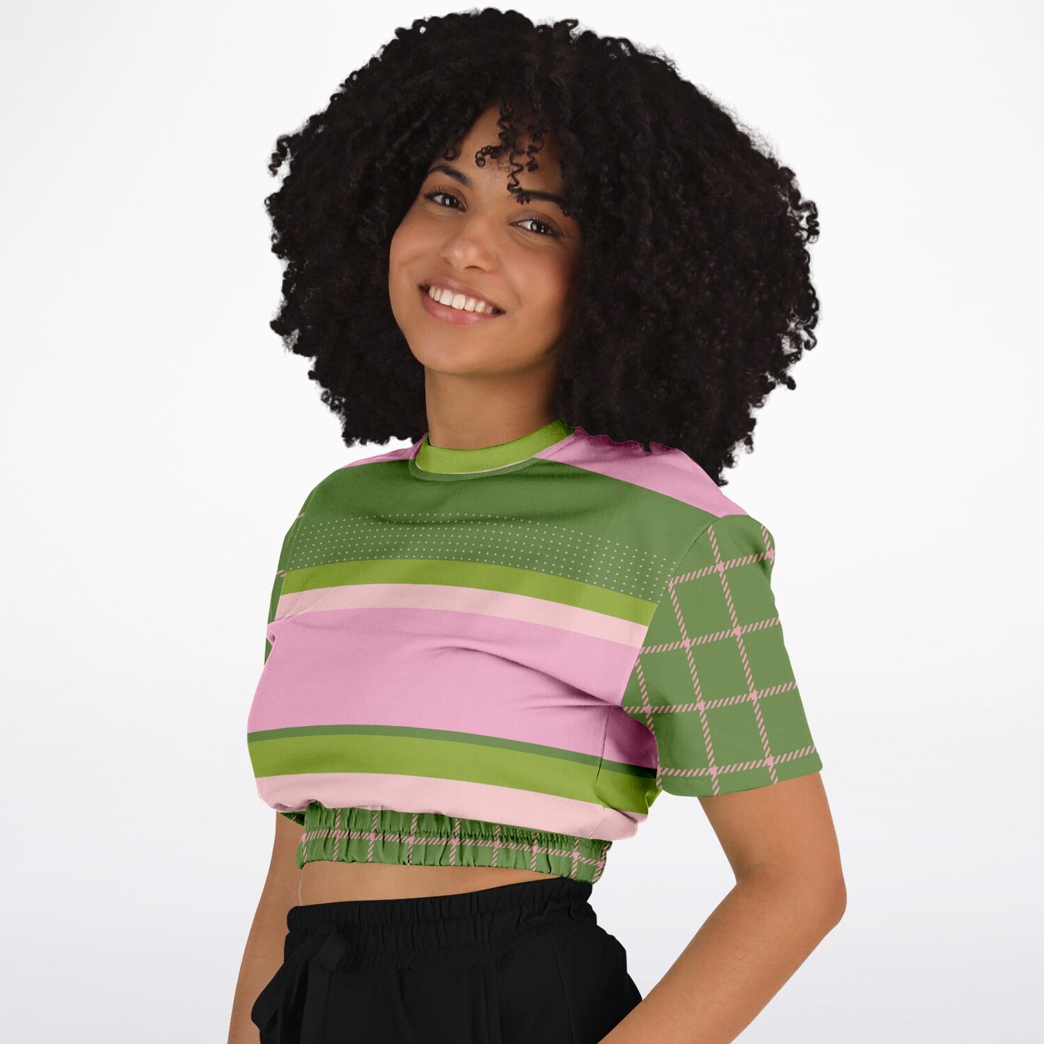 Hopscotch in Green and Pink Windowpane Eco-Poly Short Sleeve Cropped Pullover