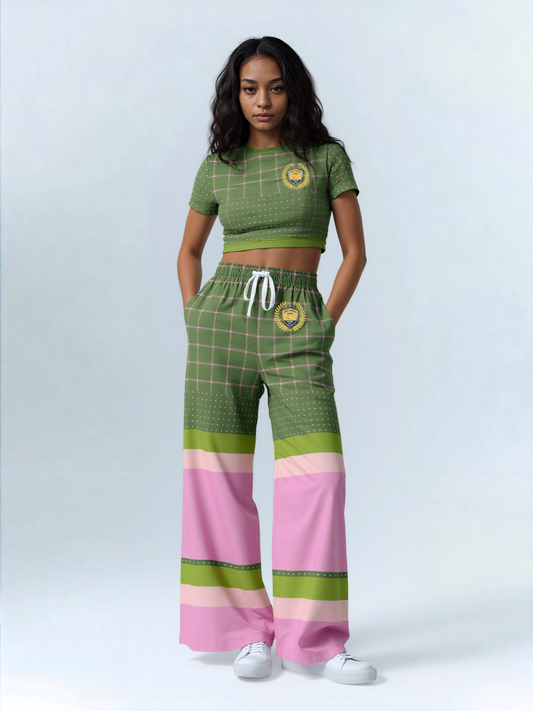 Hopscotch in Green and Pink Windowpane Eco-Poly Wide Leg Pants