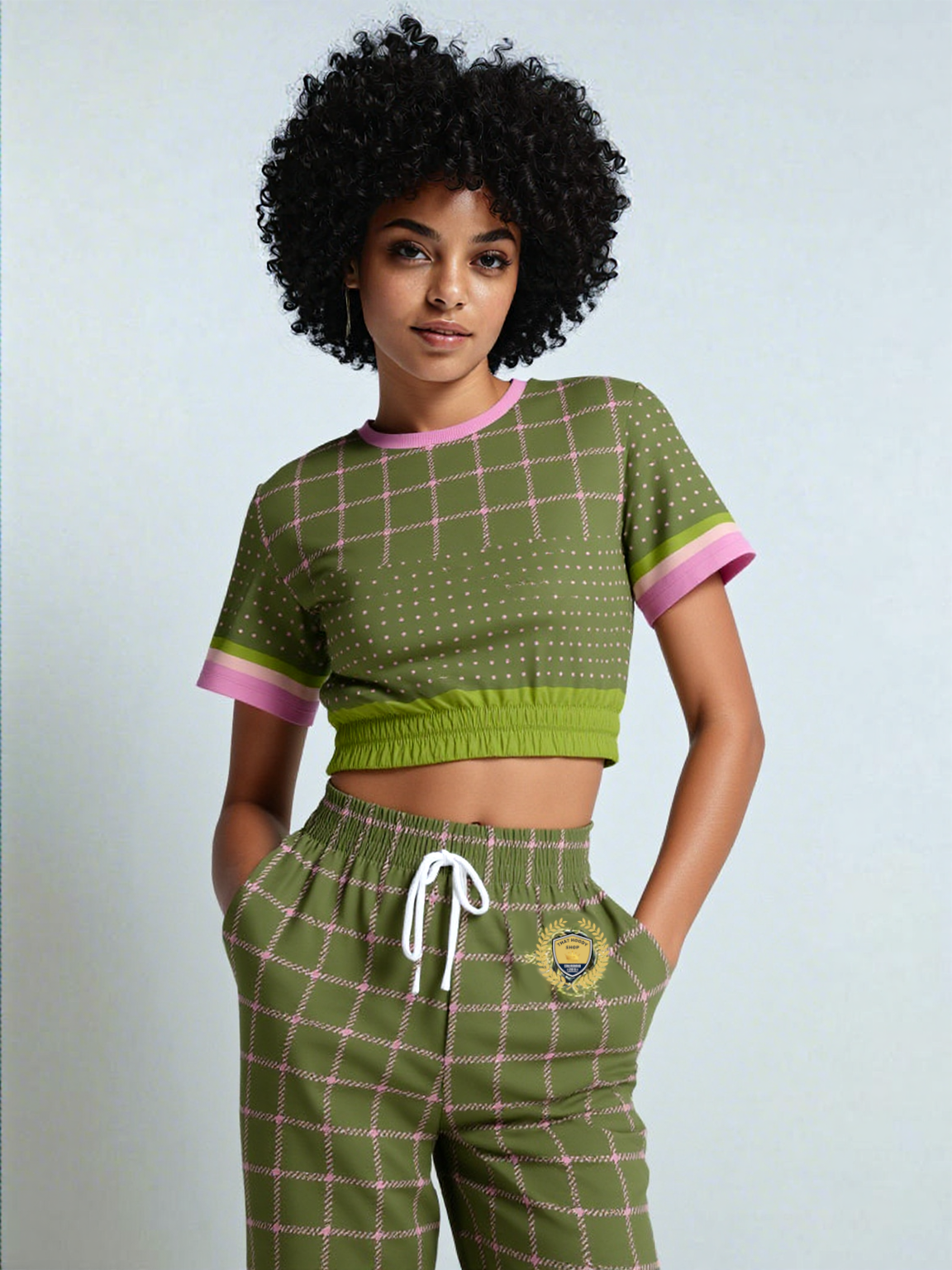 Hopscotch in Green Windowpane Eco-Poly Short Sleeve Cropped Pullover