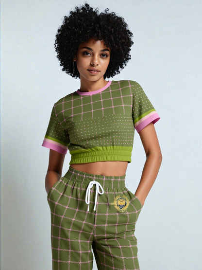 Hopscotch in Green Windowpane Eco-Poly Short Sleeve Cropped Pullover