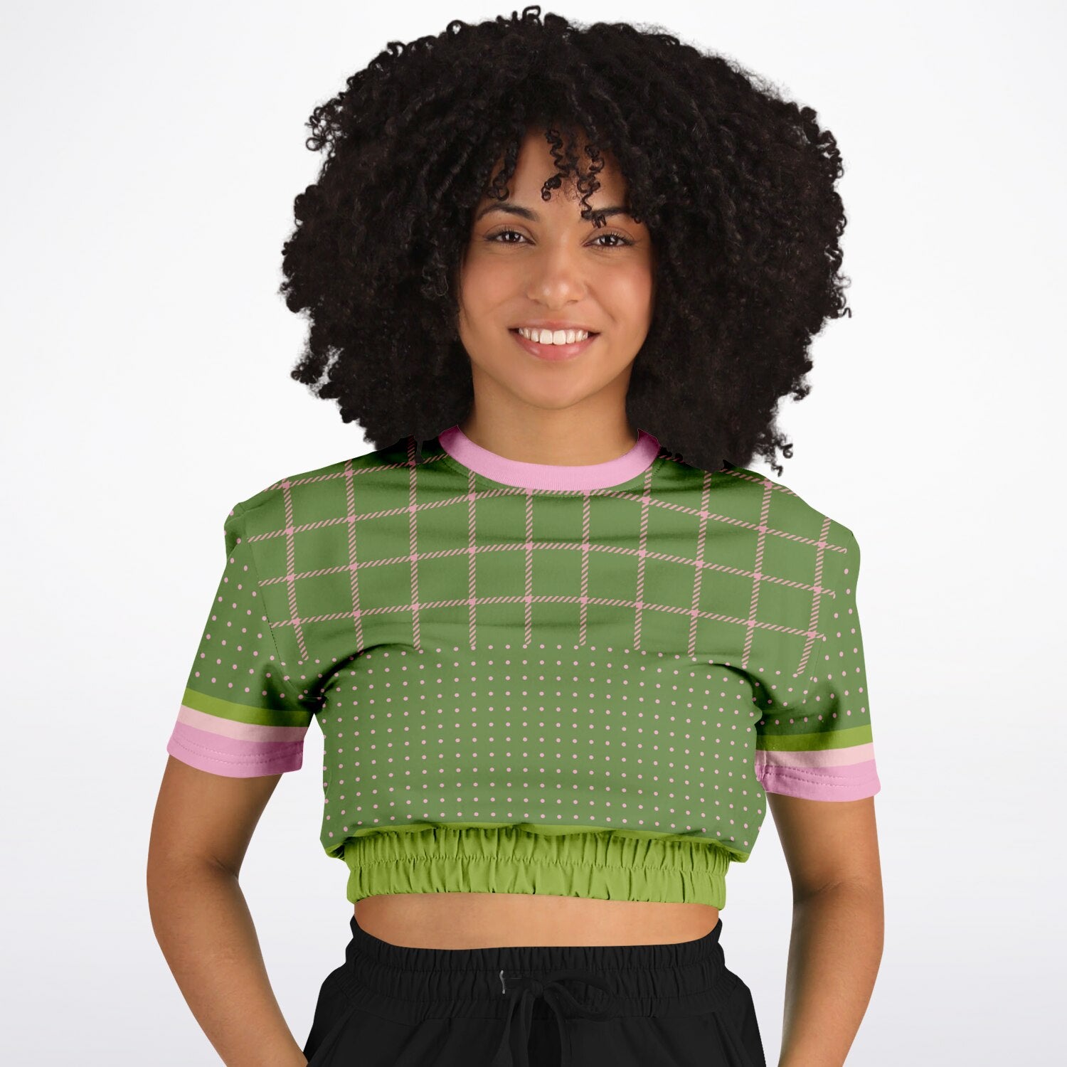 Hopscotch in Green Windowpane Eco-Poly Short Sleeve Cropped Pullover