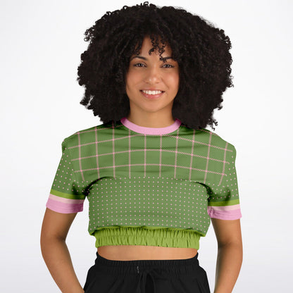 Hopscotch in Green Windowpane Eco-Poly Short Sleeve Cropped Pullover