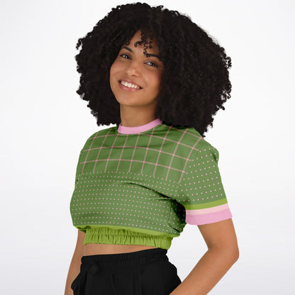 Hopscotch in Green Windowpane Eco-Poly Short Sleeve Cropped Pullover