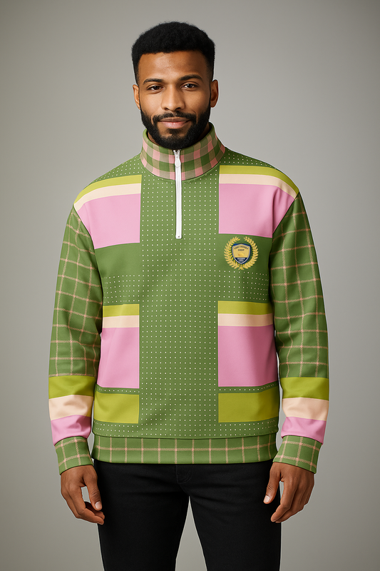 Hopscotch in Green and Pink Windowpane Heavyweight Quarter Zip Unisex Pullover