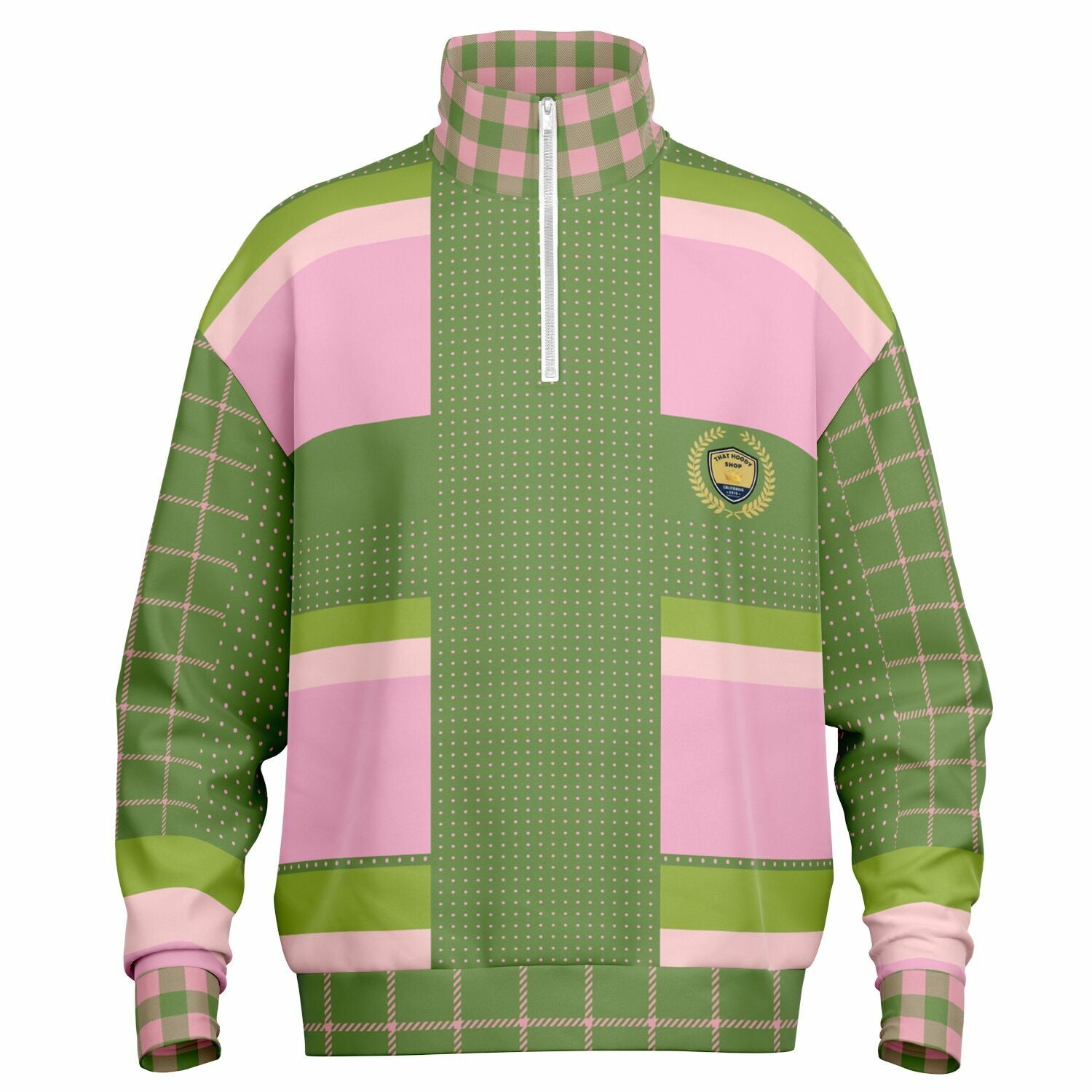Hopscotch in Green and Pink Windowpane Heavyweight Quarter Zip Unisex Pullover