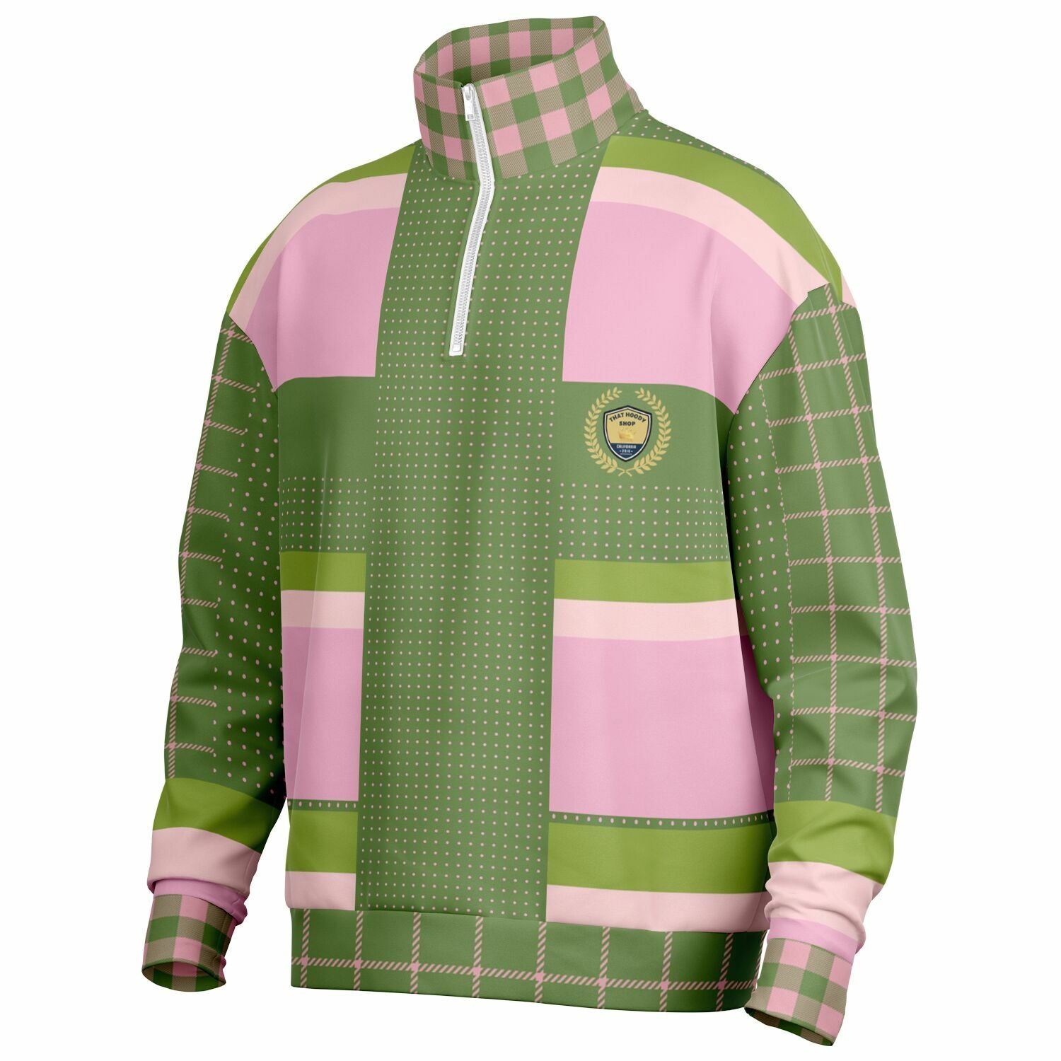 Hopscotch in Green and Pink Windowpane Heavyweight Quarter Zip Unisex Pullover
