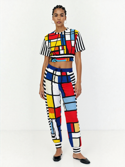 Hopscotch in Primary Geometric Eco-Poly Short Sleeve Cropped Pullover