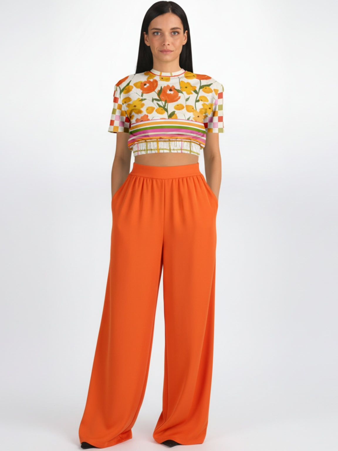 Hopscotch My Hippie Gingham Floral Plaid Eco-Poly Short Sleeve Cropped Pullover