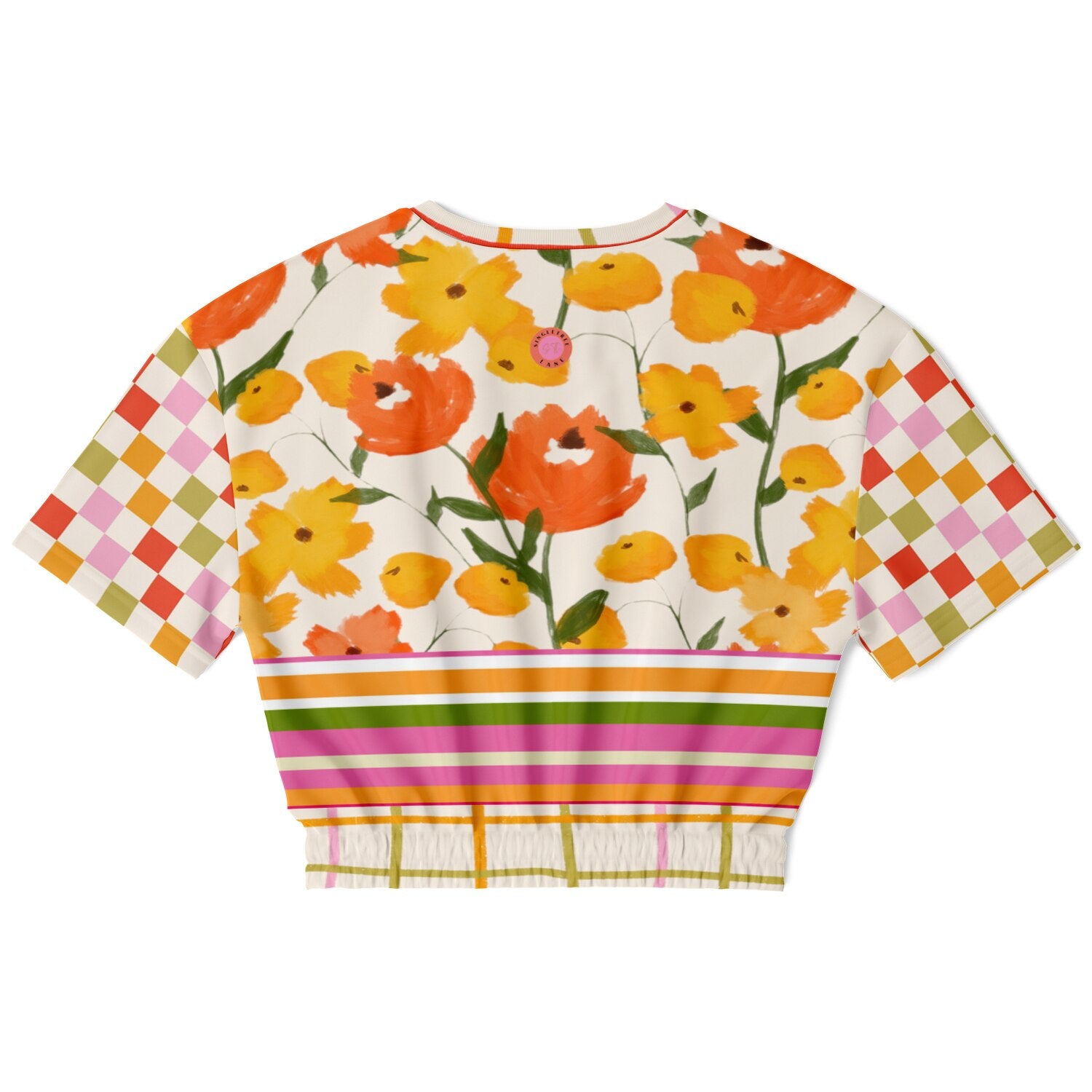 Hopscotch My Hippie Gingham Floral Plaid Eco-Poly Short Sleeve Cropped Pullover