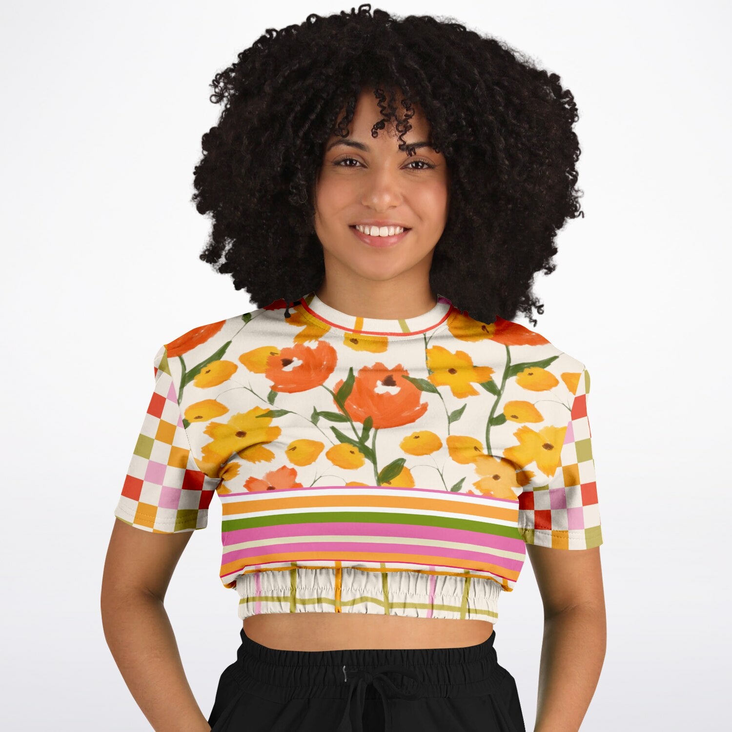 Hopscotch My Hippie Gingham Floral Plaid Eco-Poly Short Sleeve Cropped Pullover