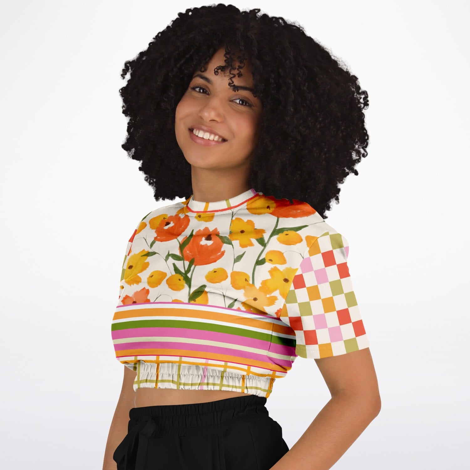 Hopscotch My Hippie Gingham Floral Plaid Eco-Poly Short Sleeve Cropped Pullover