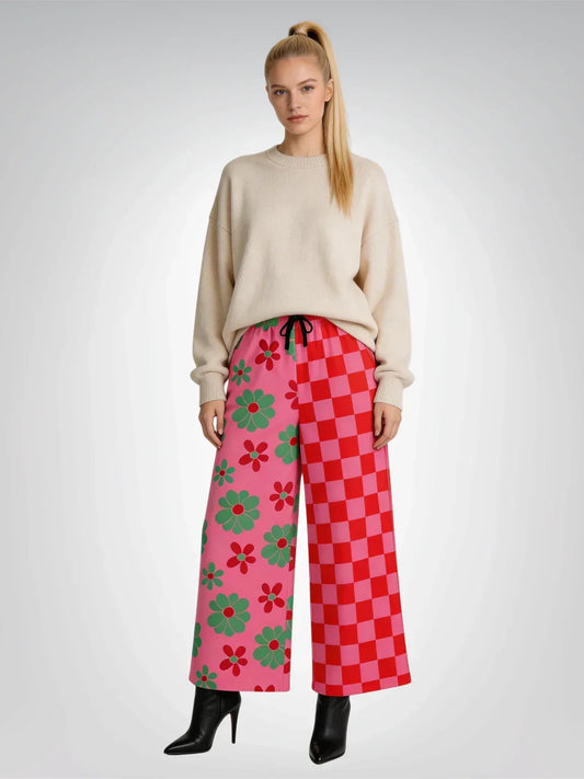 I Like Candy Checkers & Flowers Eco-Poly Wide Leg Pants