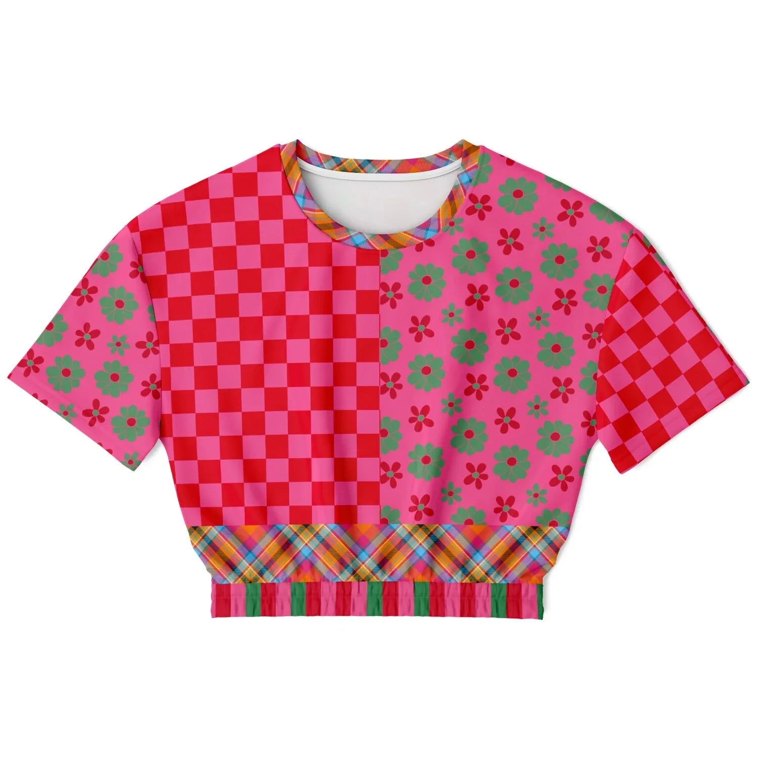 I Like Candy in Checkers &amp; Flowers Eco-Poly Short Sleeve Cropped Pullover