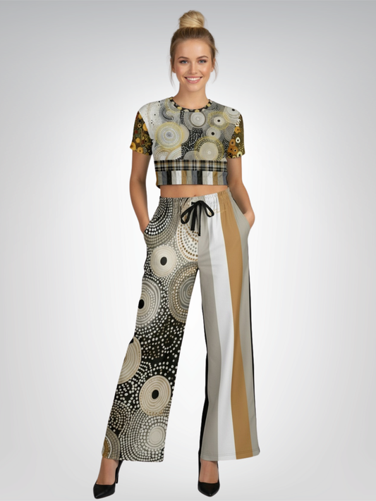 I'm Feeling Brown Aboriginal Ethnic Print Eco-Poly Short Sleeve Cropped Pullover