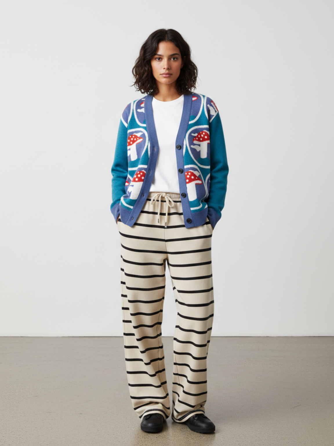 In the Sky with Mushrooms in Blue Knitted Cardigan