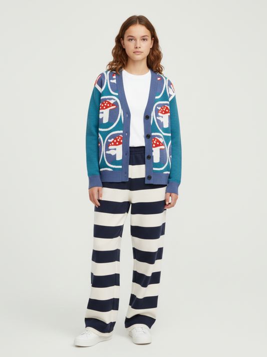 In the Sky with Mushrooms in Blue Knitted Cardigan