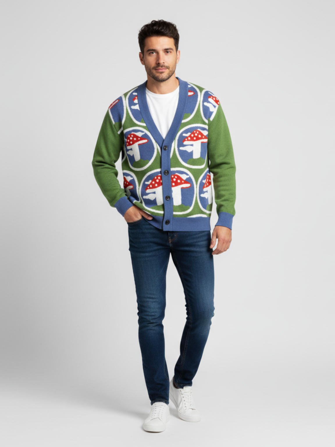 In the Sky with Mushrooms in Green Knitted Cardigan