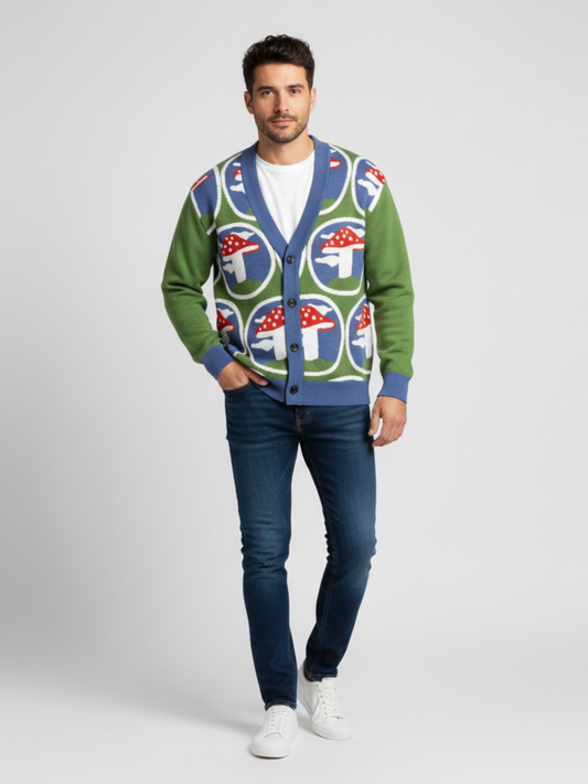 In the Sky with Mushrooms in Green Knitted Cardigan