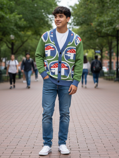 In the Sky with Mushrooms in Green Knitted Cardigan