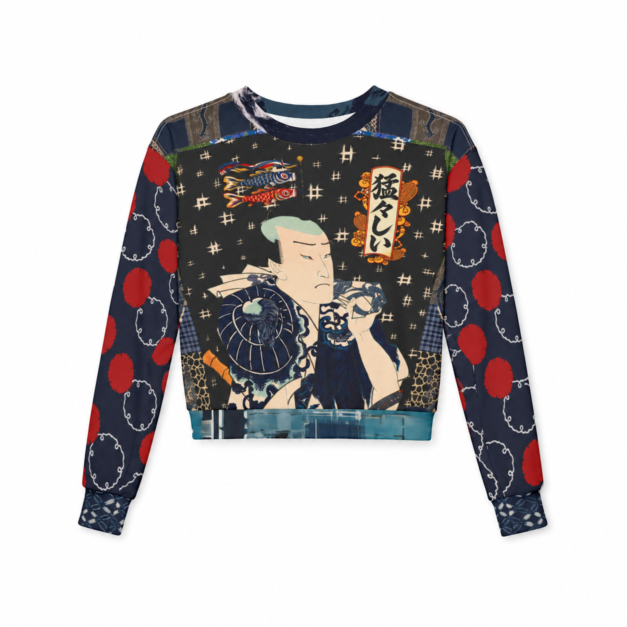 Indigo Edo Kabuki Black Warrior in Kanji -  Be Fierce Cropped Sweatshirt (Gold Label)