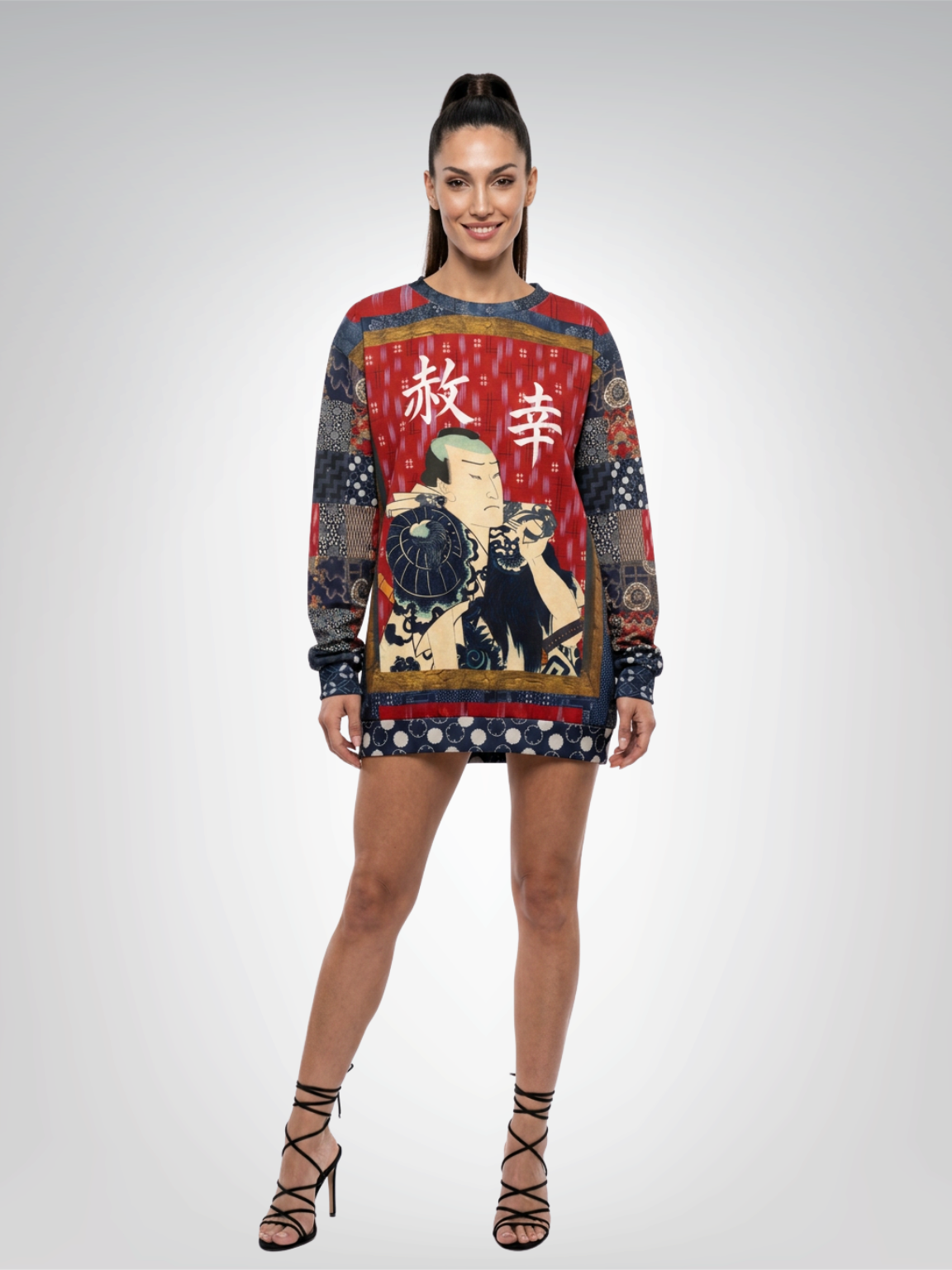 Indigo Edo Kabuki Red Warrior in Kanji Unisex Sweatshirt (Gold Label)