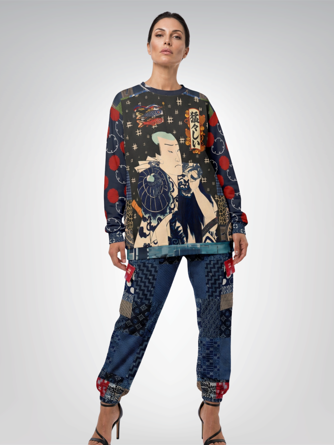 Indigo Edo Kabuki Black Warrior in Kanji -  Be Fierce Unisex Sweatshirt (Gold Label)