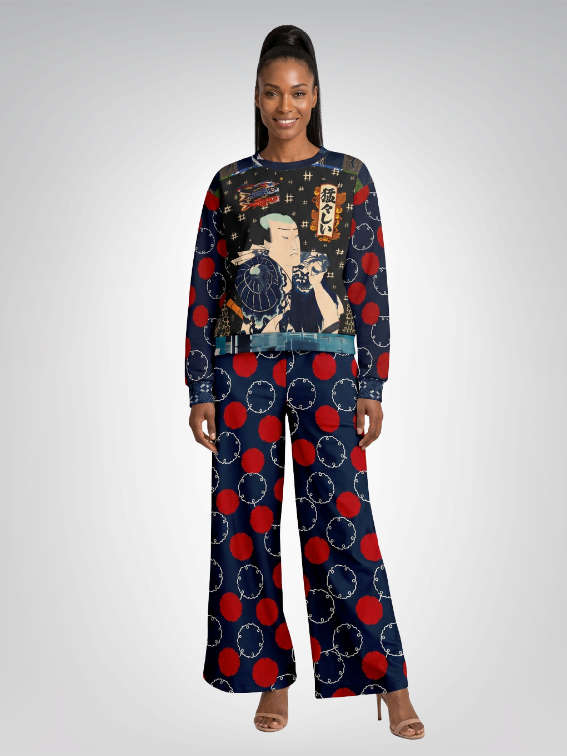 Indigo Edo Kabuki Black Warrior in Kanji -  Be Fierce Cropped Sweatshirt (Gold Label)