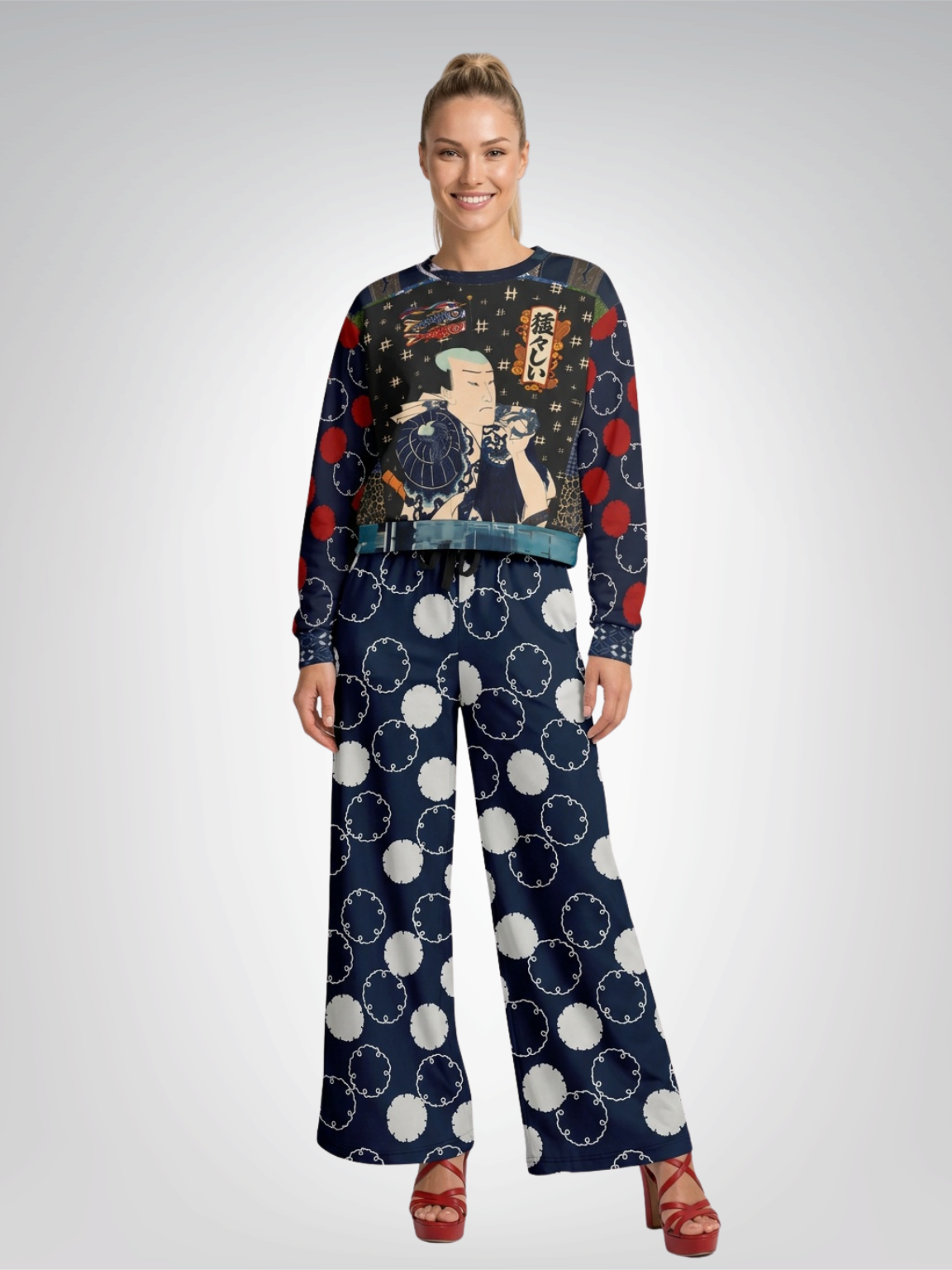 Maru Circle in Blue and Grey Geometric Eco-Poly Wide Leg Pants