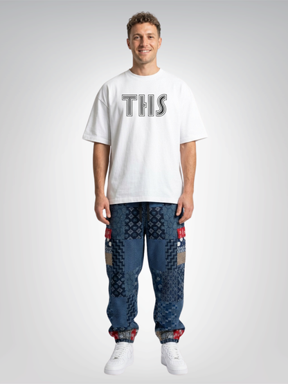 Indigo Edo Kabuki Warrior Patchwork Eco-Poly Cargo Joggers