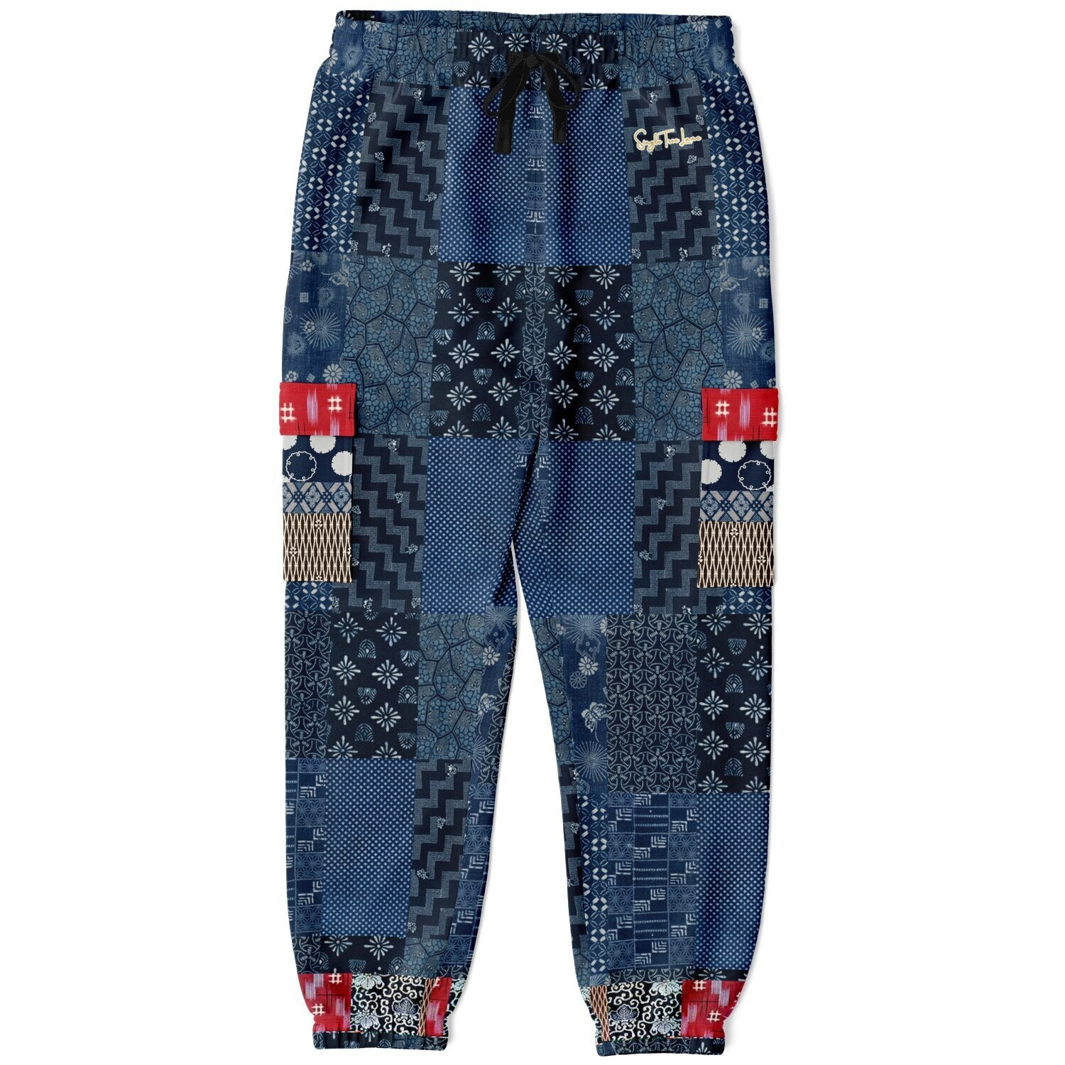 Indigo Edo Kabuki Warrior Patchwork Eco-Poly Cargo Joggers