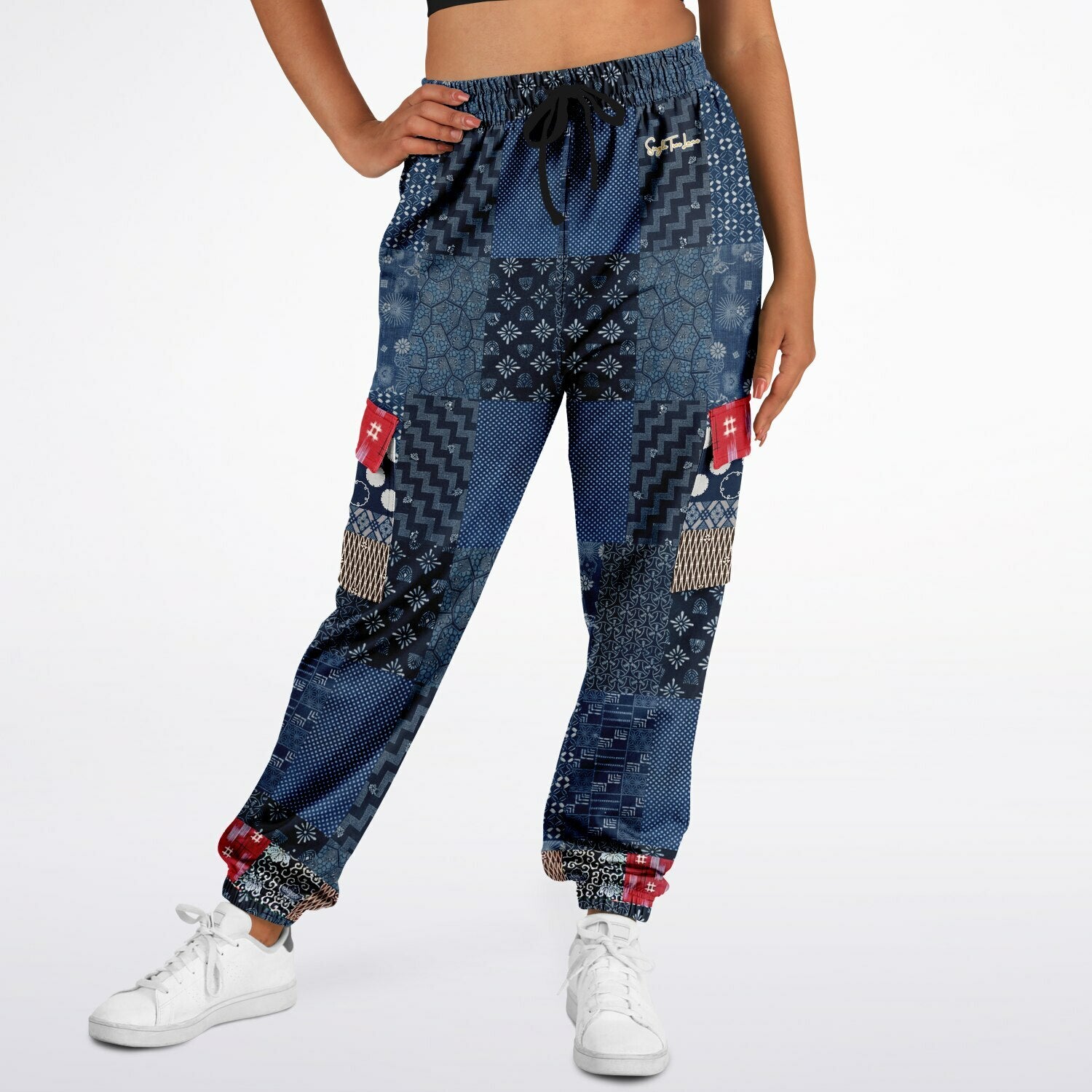Indigo Edo Kabuki Warrior Patchwork Eco-Poly Cargo Joggers