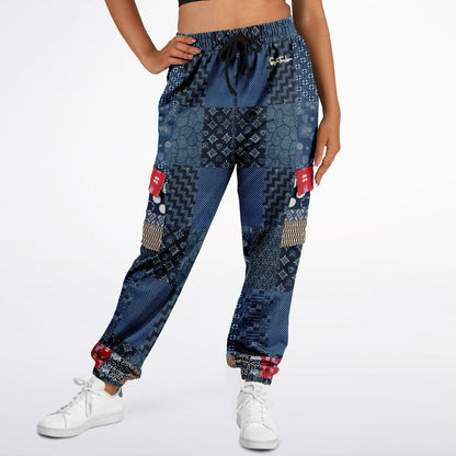 Indigo Edo Kabuki Warrior Patchwork Eco-Poly Cargo Joggers