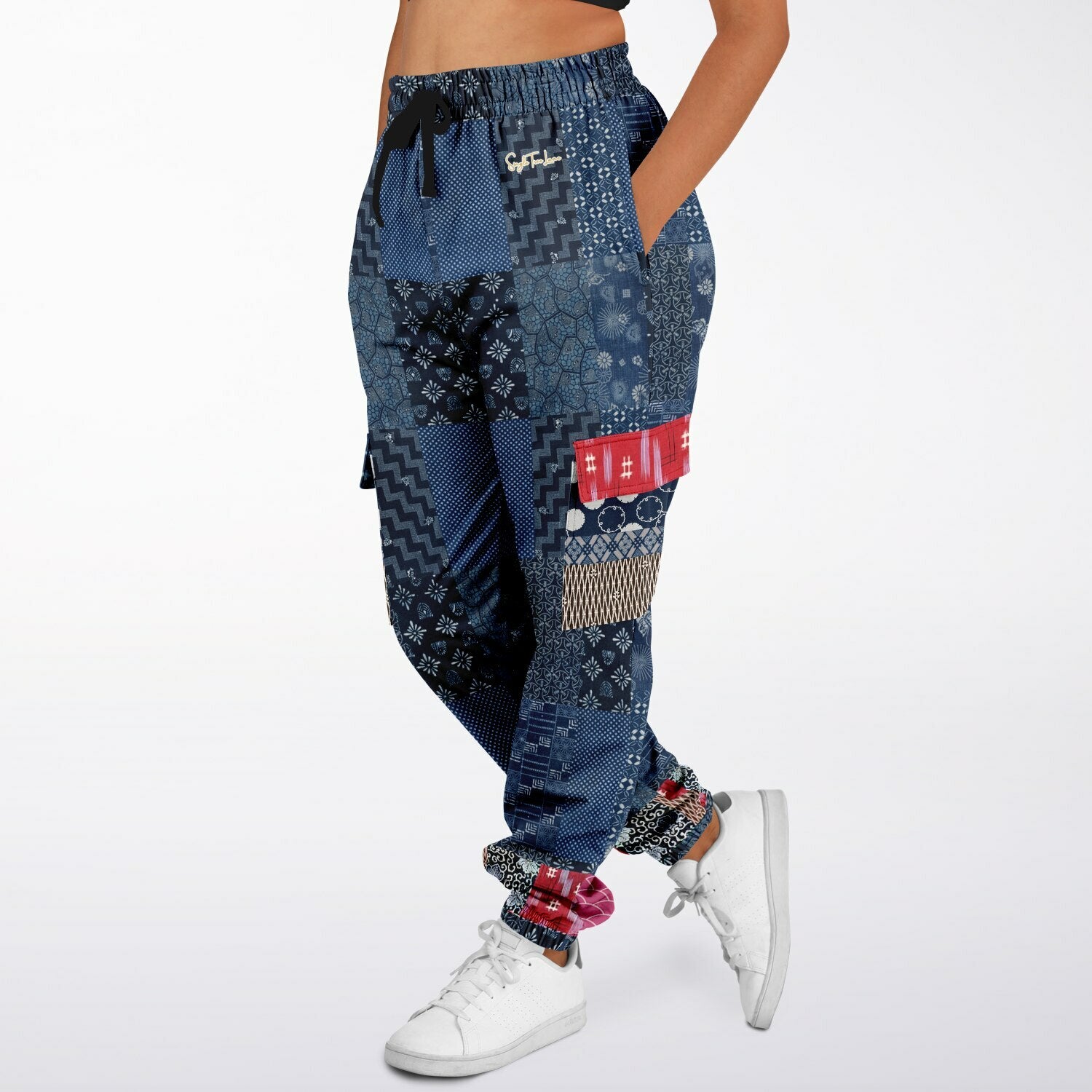 Indigo Edo Kabuki Warrior Patchwork Eco-Poly Cargo Joggers