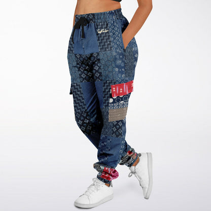 Indigo Edo Kabuki Warrior Patchwork Eco-Poly Cargo Joggers