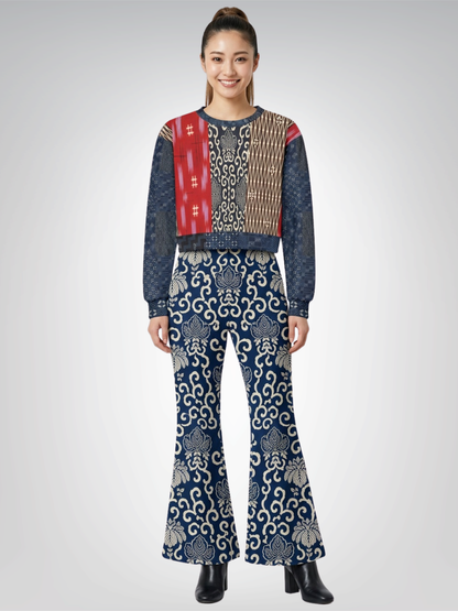 Indigo Edo Kabuki Patchwork Cropped Sweatshirt (Gold Label)