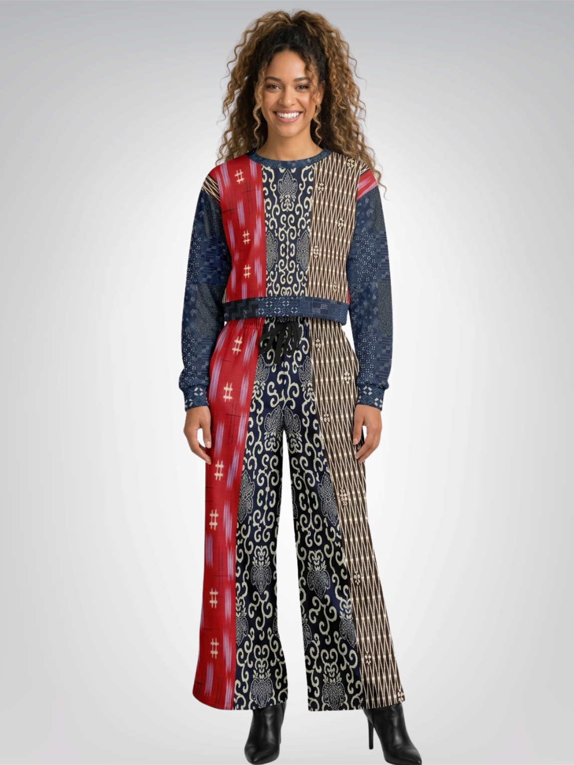 Indigo Edo Kabuki Patchwork Cropped Sweatshirt (Gold Label)