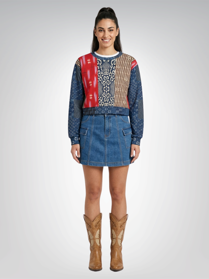 Indigo Edo Kabuki Patchwork Cropped Sweatshirt (Gold Label)