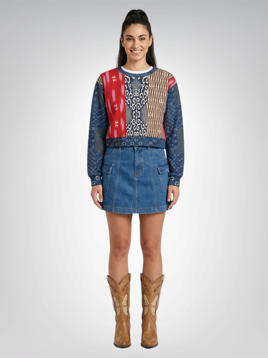 Indigo Edo Kabuki Patchwork Cropped Sweatshirt (Gold Label)