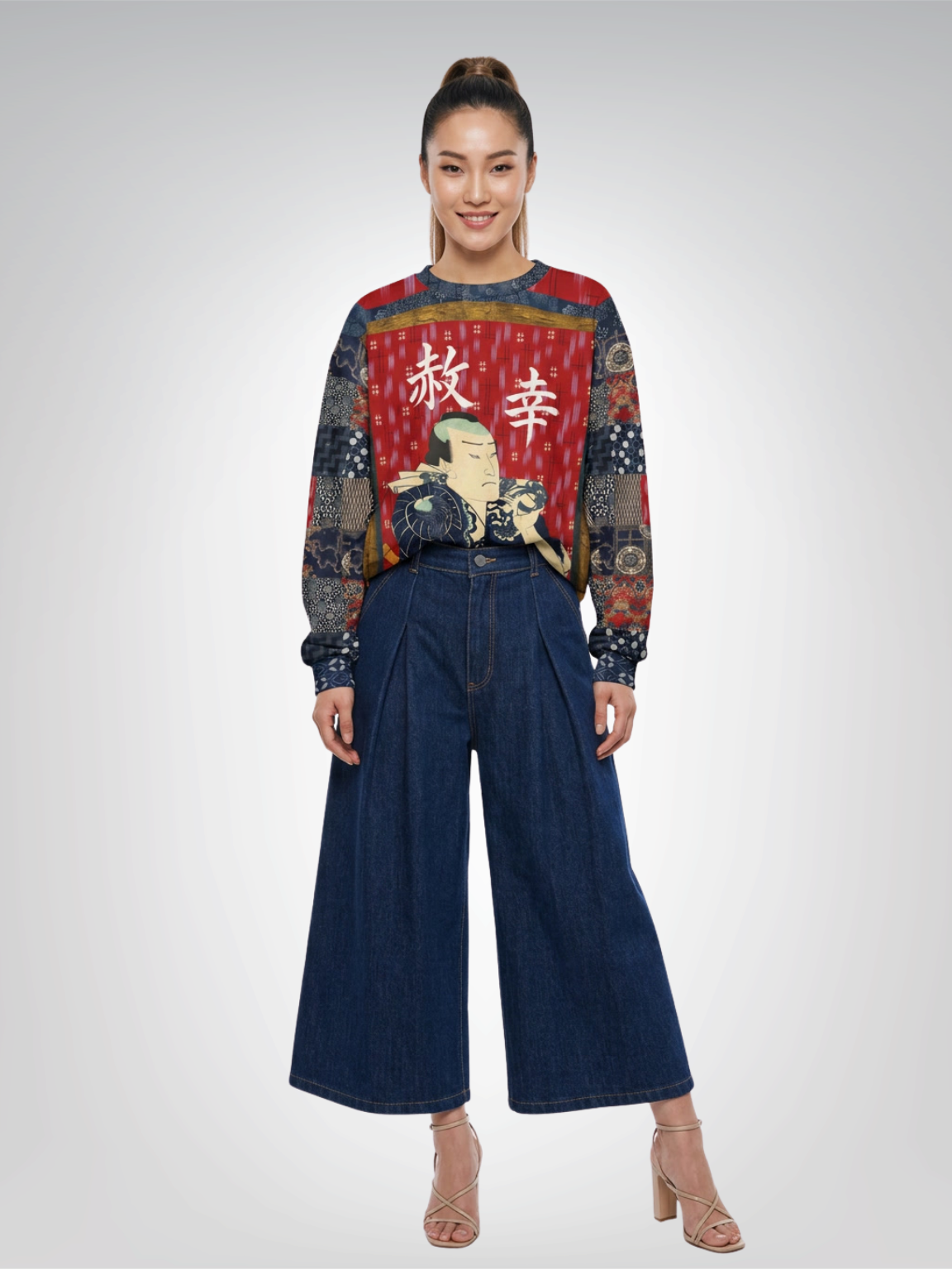 Indigo Edo Kabuki Red Warrior in Kanji Unisex Sweatshirt (Gold Label)