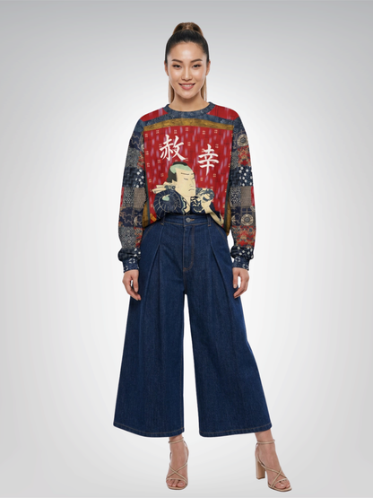 Indigo Edo Kabuki Red Warrior in Kanji Unisex Sweatshirt (Gold Label)