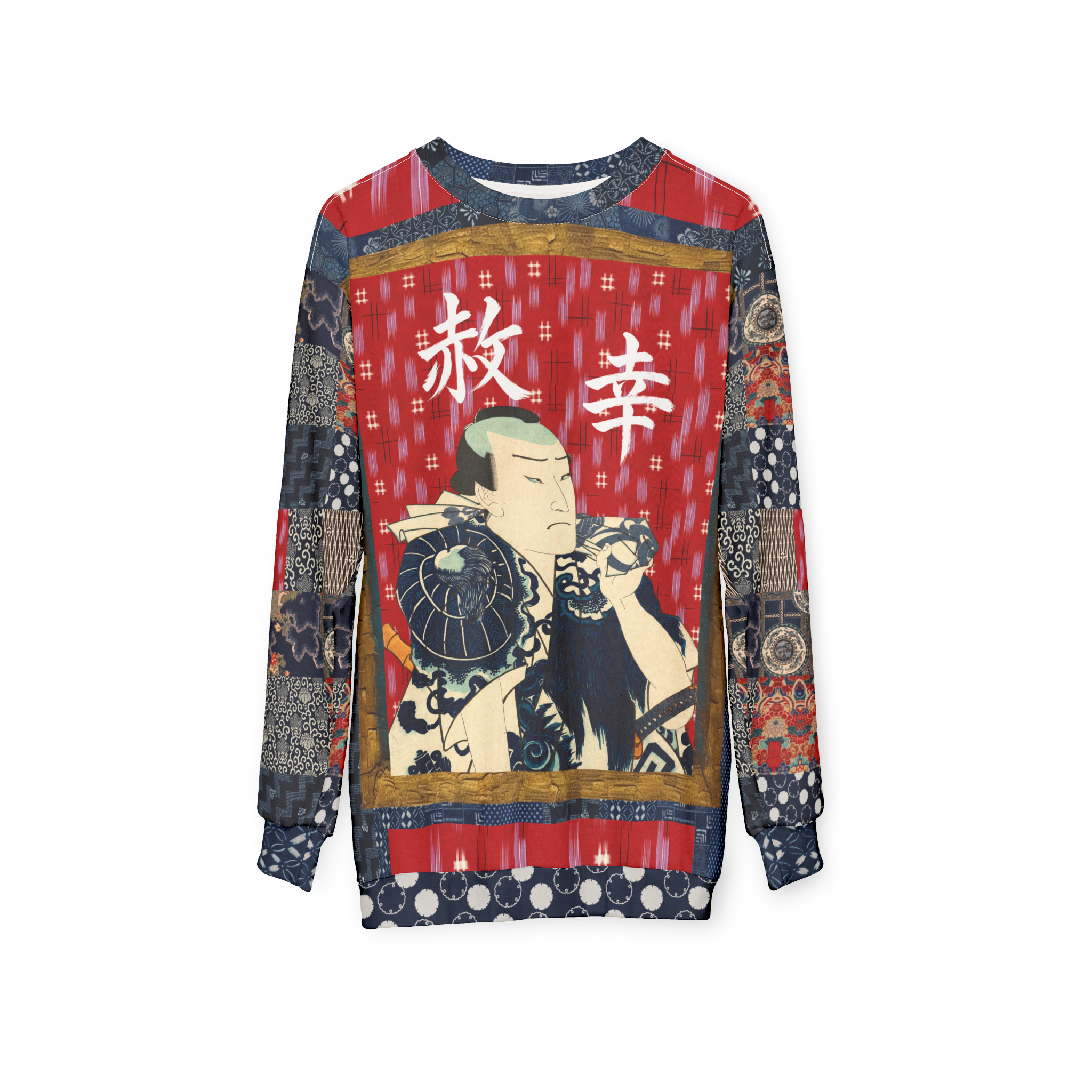 Indigo Edo Kabuki Red Warrior in Kanji Unisex Sweatshirt (Gold Label)