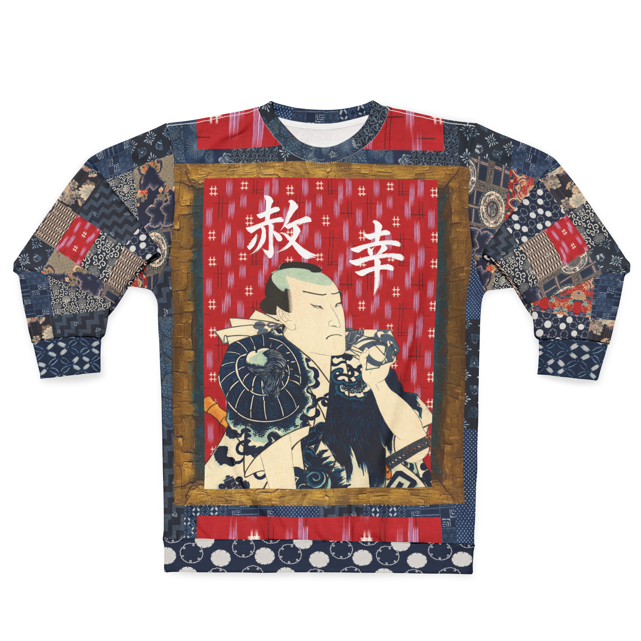Indigo Edo Kabuki Red Warrior in Kanji Unisex Sweatshirt (Gold Label)