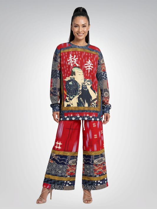 Indigo Edo Kabuki Red Warrior in Kanji Unisex Sweatshirt (Gold Label)