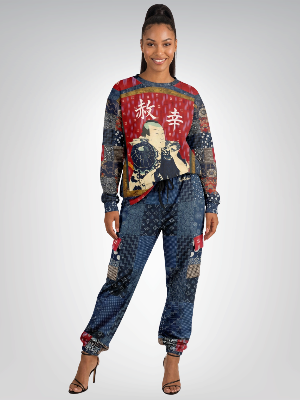Indigo Edo Kabuki Red Warrior in Kanji Unisex Sweatshirt (Gold Label)