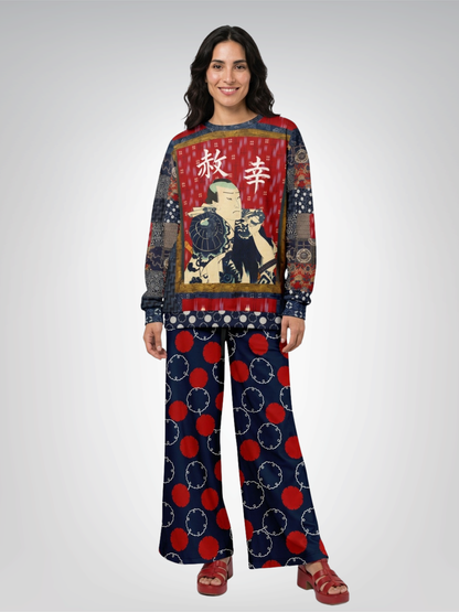 Maru Circle in Blue and Red Geometric Eco-Poly Wide Leg Pants