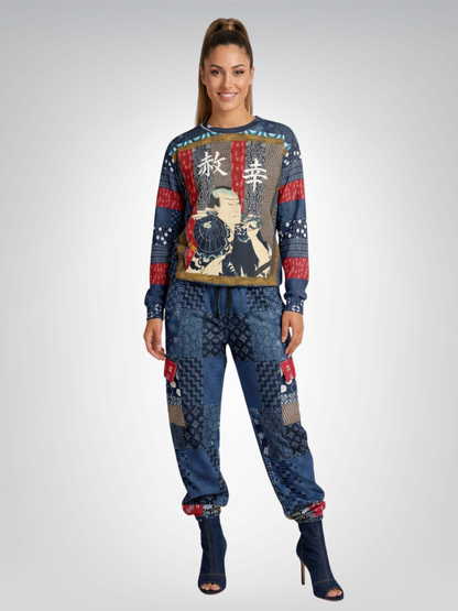 Indigo Edo Kabuki Warrior Patchwork Eco-Poly Cargo Joggers