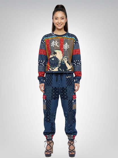 Indigo Edo Kabuki Warrior in Kanji - Happiness &amp; Forgiveness Cropped Sweatshirt (Gold Label)